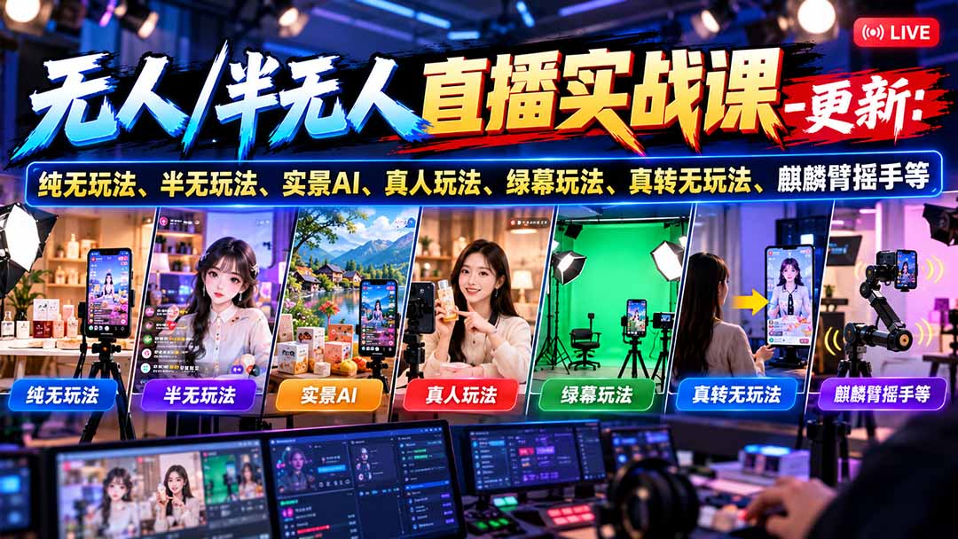 无人/半无人直播实战课-10月20更新:纯无玩法、半无玩法、实景AI、真人玩法、绿幕玩法、真转无玩法、麒麟臂摇手等-星阳网创