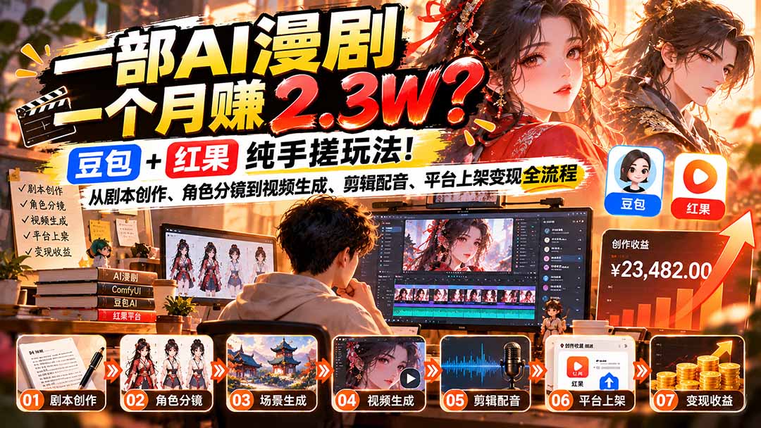 一部AI漫剧一个月赚2.3W？豆包+红果纯手搓玩法！从剧本创作、角色分镜到视频生成、剪辑配音、平台上架变现全流程-星阳网创