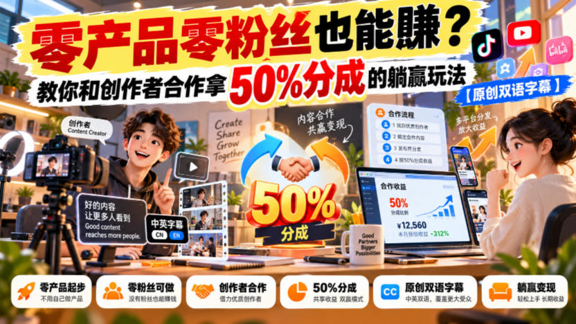 【无水印】零产品零粉丝也能賺?教你和创作者合作拿50%分成的躺赢玩法【原创双语字幕】-星阳网创