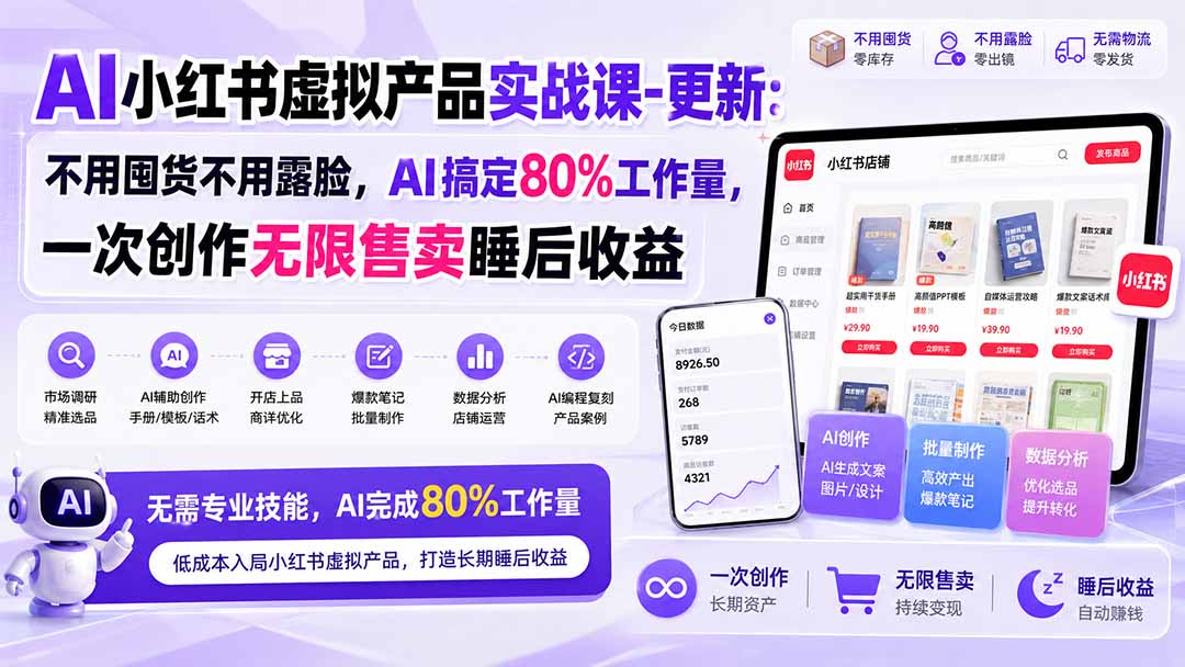 AI小红书虚拟产品实战课-更新1017:不用囤货不用露脸,AI搞定80%工作量,一次创作无限售卖睡后收益-星阳网创
