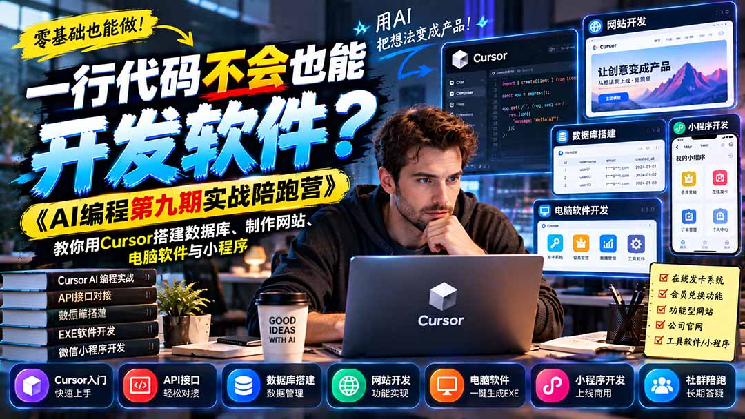 一行代码不会也能开发软件?《AI编程第九期实战陪跑营》教你用Cursor搭建数据库、制作网站、电脑软件与小程序-星阳网创