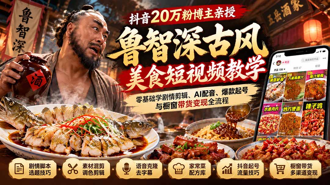抖音20万粉博主亲授鲁智深古风美食玩法:零基础学剧情剪辑、AI配音、爆款起号与橱窗带货变现全流程-星阳网创