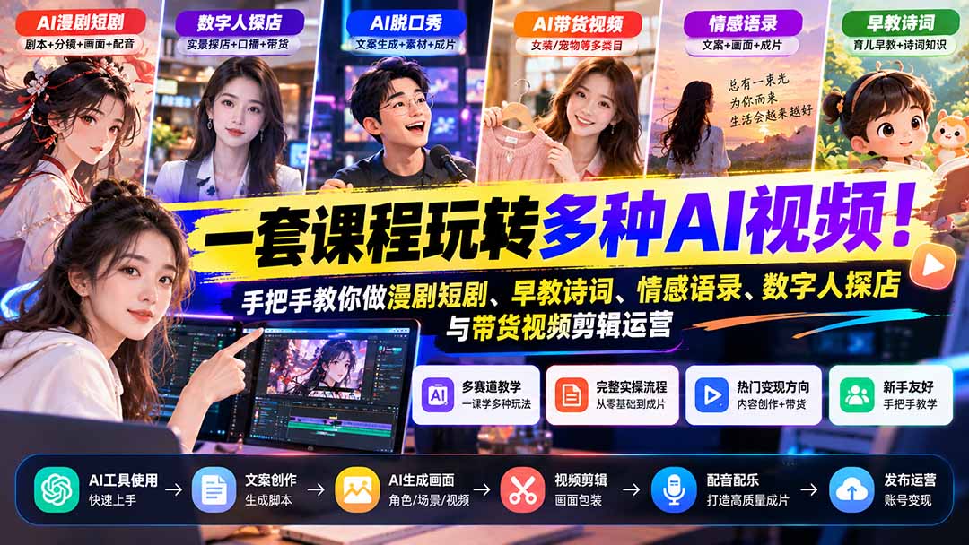 【无水印】一套课程玩转多种AI视频!手把手教你做漫剧短剧、早教诗词、情感语录、数字人探店与带货视频剪辑运营-星阳网创