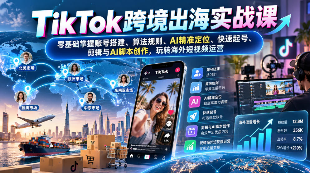 TikTok跨境出海实战课:零基础掌握账号搭建、算法规则、AI精准定位、快速起号、剪辑与AI脚本创作,玩转海外短视频运营-星阳网创