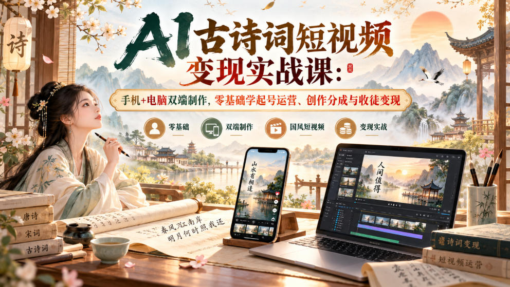 AI古诗词短视频变现实战课:手机+电脑双端制作,零基础学起号运营、创作分成与收徒变现-星阳网创