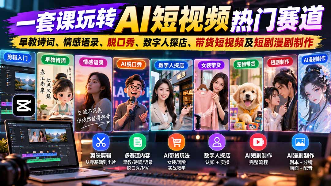 一套课玩转AI短视频热门赛道：早教诗词、情感语录、脱口秀、数字人探店、带货短视频及短剧漫剧制作  复制标题-星阳网创