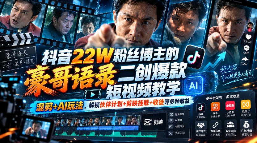 抖音22W粉丝博主的豪哥语录二创爆款短视频教学,混剪+AI玩法,解锁伙伴计划+剪映挂载+收徒等多种收益-星阳网创