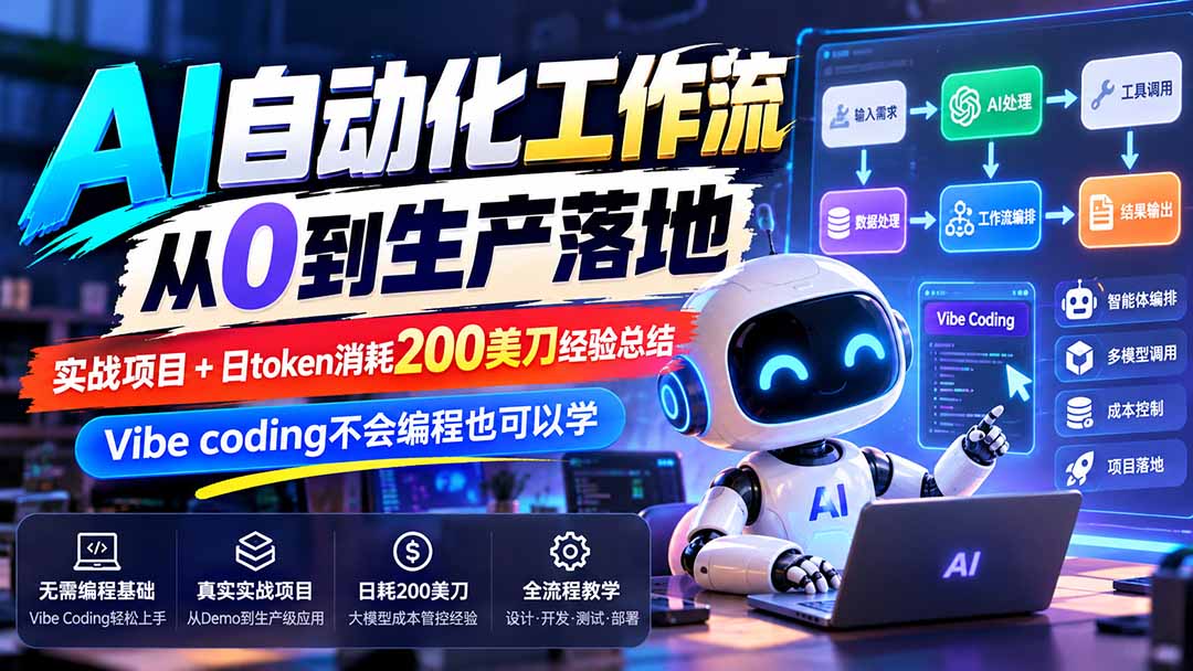 【无水印】AI自动化工作流从0到生产落地,实战项目+日token消耗200美刀经验总结,Vibe coding不会编程也可以学-星阳网创