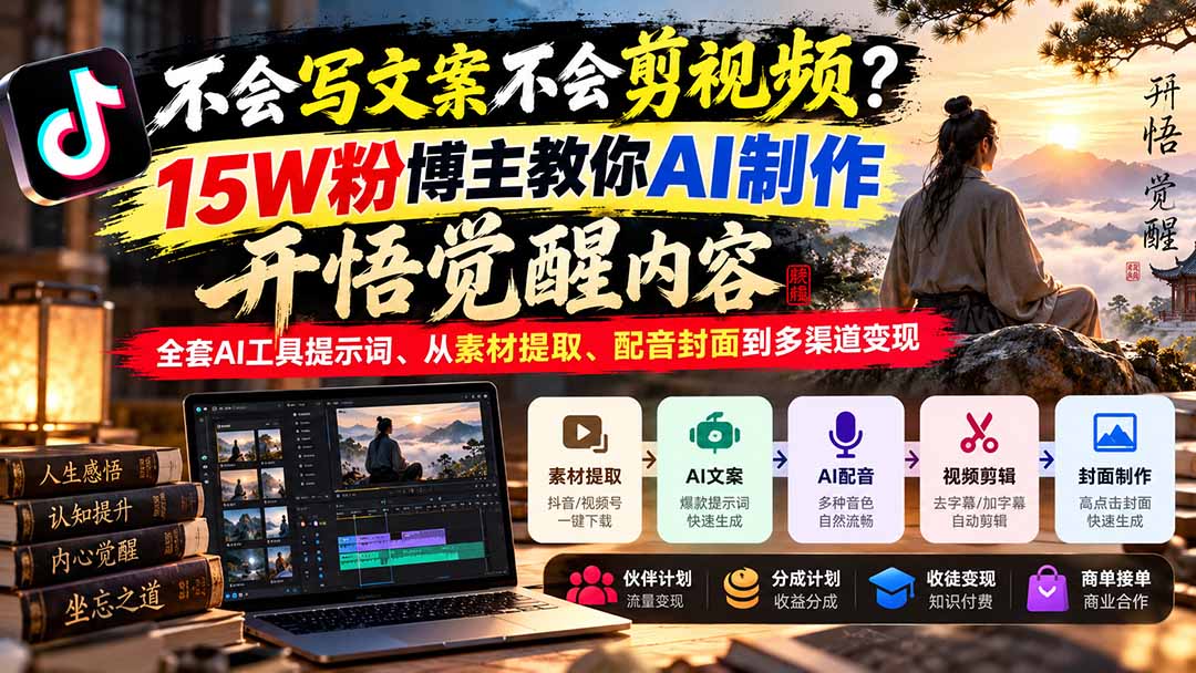 不会写文案不会剪视频？15W粉博主教你AI制作开悟觉醒内容，全套AI工具提示词、从素材提取、配音封面到多渠道变现-星阳网创