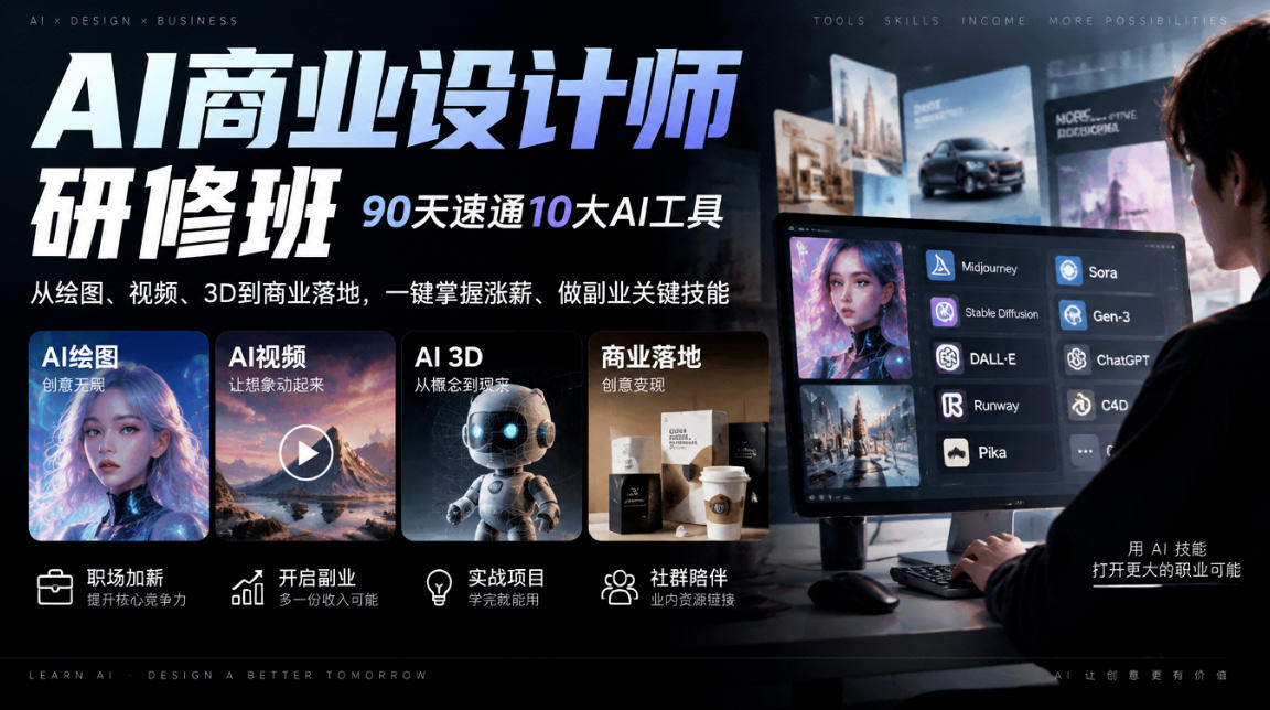 AI商业设计师研修班，90天速通10大AI工具，从绘图、视频、3D到商业落地，一键掌握涨薪、做副业关键技能-星阳网创