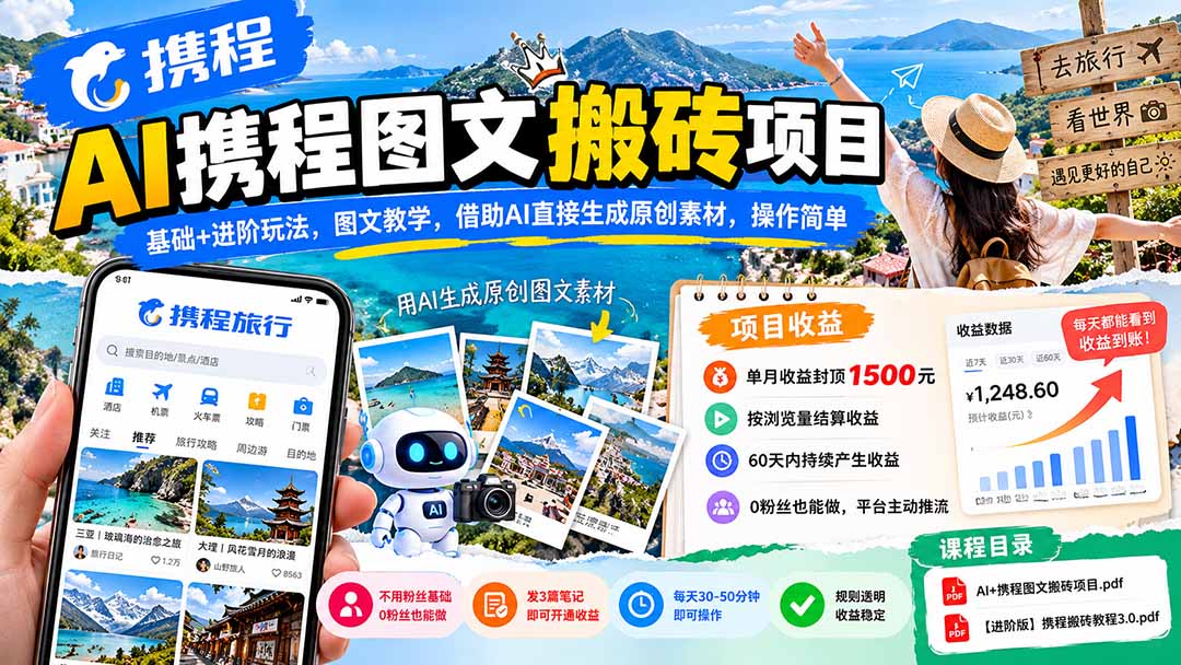 AI携程图文搬砖项目,基础+进阶玩法,图文教学,借助AI直接生成原创素材,操作简单-星阳网创