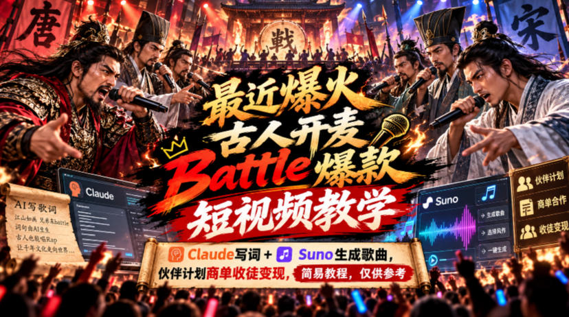 最近爆火古人开麦Battle爆款短视频教学,Claude写词+Suno生成歌曲,伙伴计划商单收徒变现,简易教程,仅供参考-星阳网创