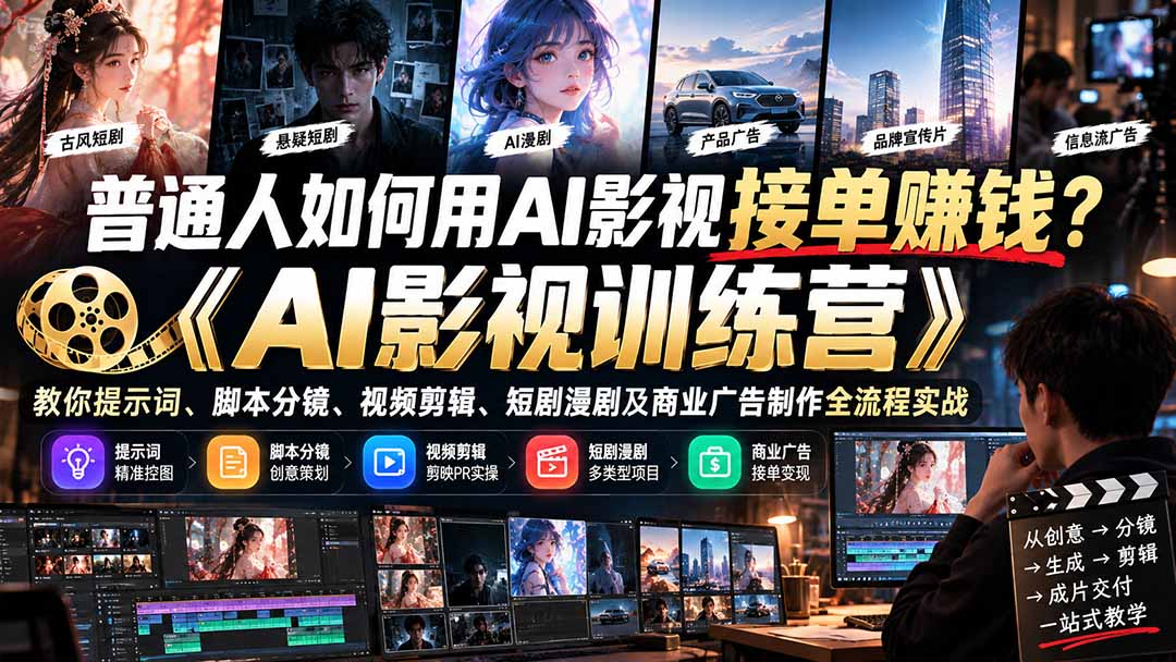 普通人如何用AI影视接单赚钱?《AI影视训练营》教你提示词、脚本分镜、视频剪辑、短剧漫剧及商业广告制作全流程实战-星阳网创