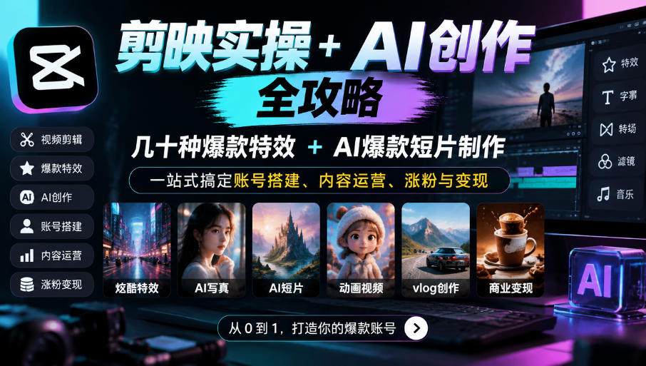 剪映实操+AI创作全攻略|几十种爆款特效+AI爆款短片制作,一站式搞定账号搭建、内容运营、涨粉与变现-星阳网创