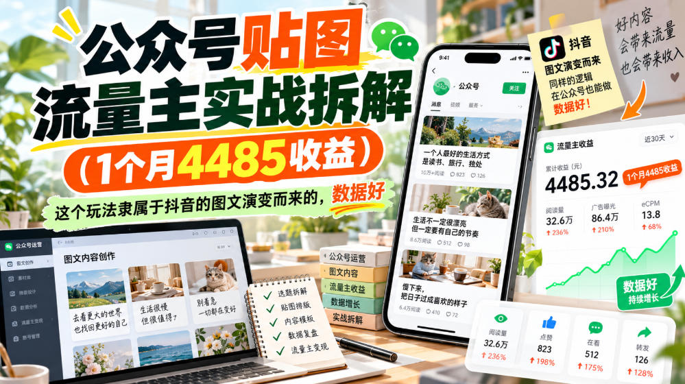 公众号贴图流量主实战拆解(1个月4485收益)，这个玩法隶属于抖音的图文演变而来的，数据好-星阳网创
