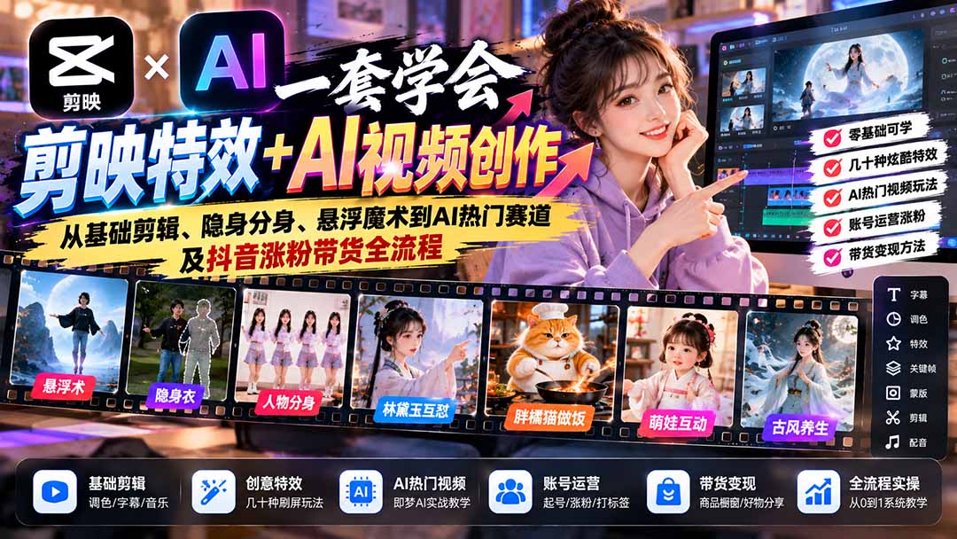 一套学会剪映特效+AI视频创作:从基础剪辑、隐身分身、悬浮魔术到AI热门赛道及抖音涨粉带货全流程-星阳网创