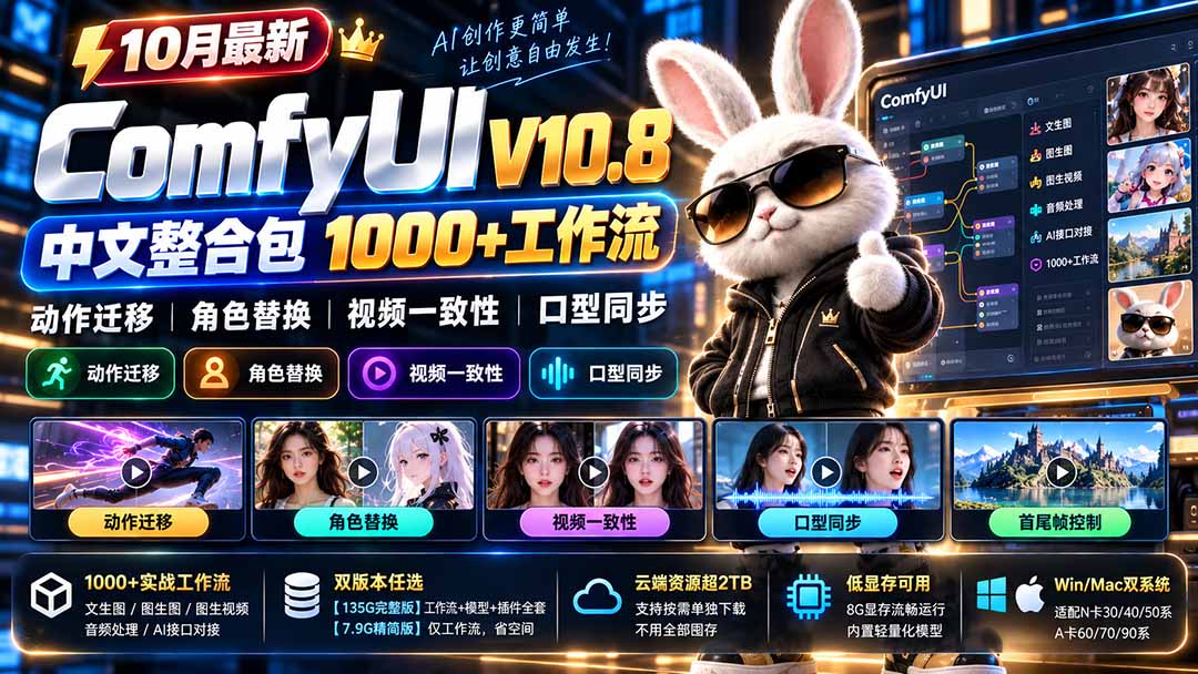 10月最新ComfyUI V10.8中文整合包 1000+工作流 动作迁移 角色替换 视频一致性 口型同步 低显存可用-星阳网创