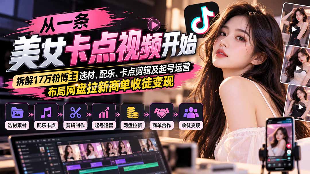 从一条美女卡点视频开始:拆解17万粉博主选材、配乐、卡点剪辑及起号运营,布局网盘拉新商单收徒变现-星阳网创