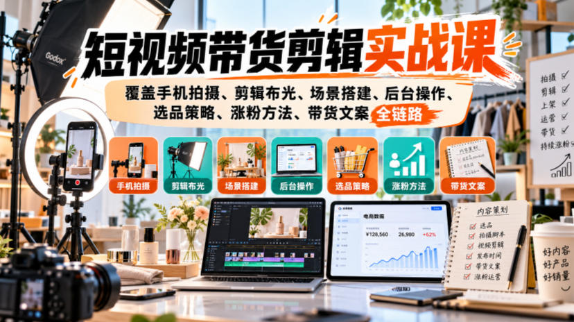 短视频带货剪辑实战课,覆盖手机拍摄、剪辑布光、场景搭建、后台操作、选品策略、涨粉方法、带货文案全链路-星阳网创