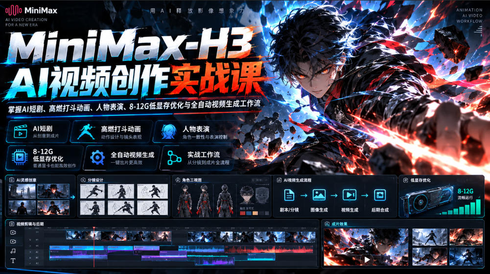 MiniMax-H3 AI视频创作实战课,掌握AI短剧、高燃打斗动画、人物表演、8-12G低显存优化与全自动视频生成工作流-星阳网创
