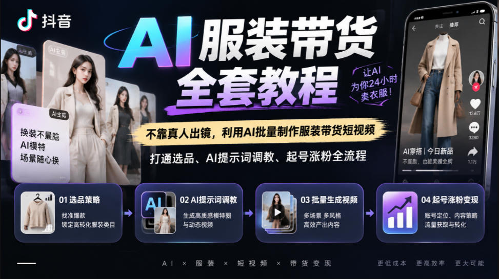 抖音AI服装带货全套教程,不靠真人出镜,利用AI批量制作服装带货短视频,打通选品、AI提示词调教、起号涨粉全流程-星阳网创