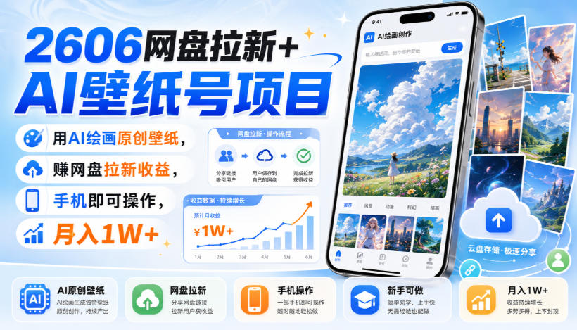 2606网盘拉新+AI壁纸号项目,用AI绘画原创壁纸,賺网盘拉新收益,手机即可操作,月入1W+-星阳网创
