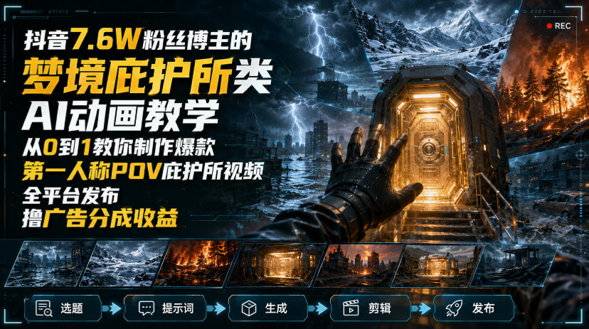 抖音7.6W粉丝博主的梦境庇护所类AI动画教学,从0到1教你制作爆款第一人称POV庇护所视频,全平台发布撸广告分成收益-星阳网创