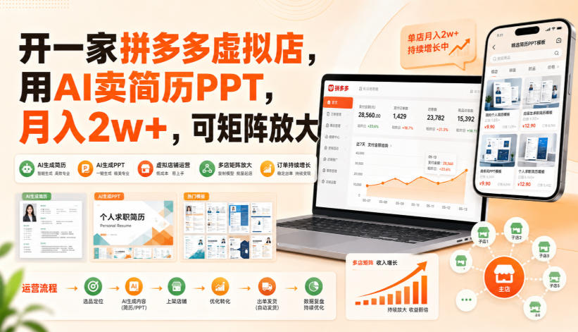 开一家拼多多虚拟店,用AI卖简历PPT,月入2w+,可矩阵放大【揭秘】-星阳网创
