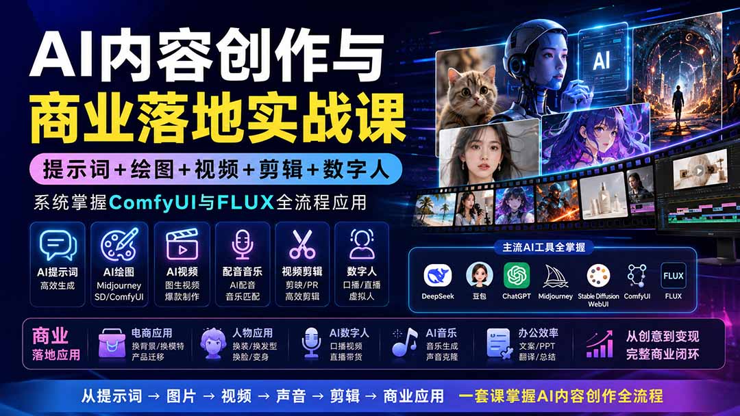 AI内容创作与商业落地实战课：提示词+绘图+视频+剪辑+数字人，系统掌握ComfyUI与FLUX全流程应用-星阳网创