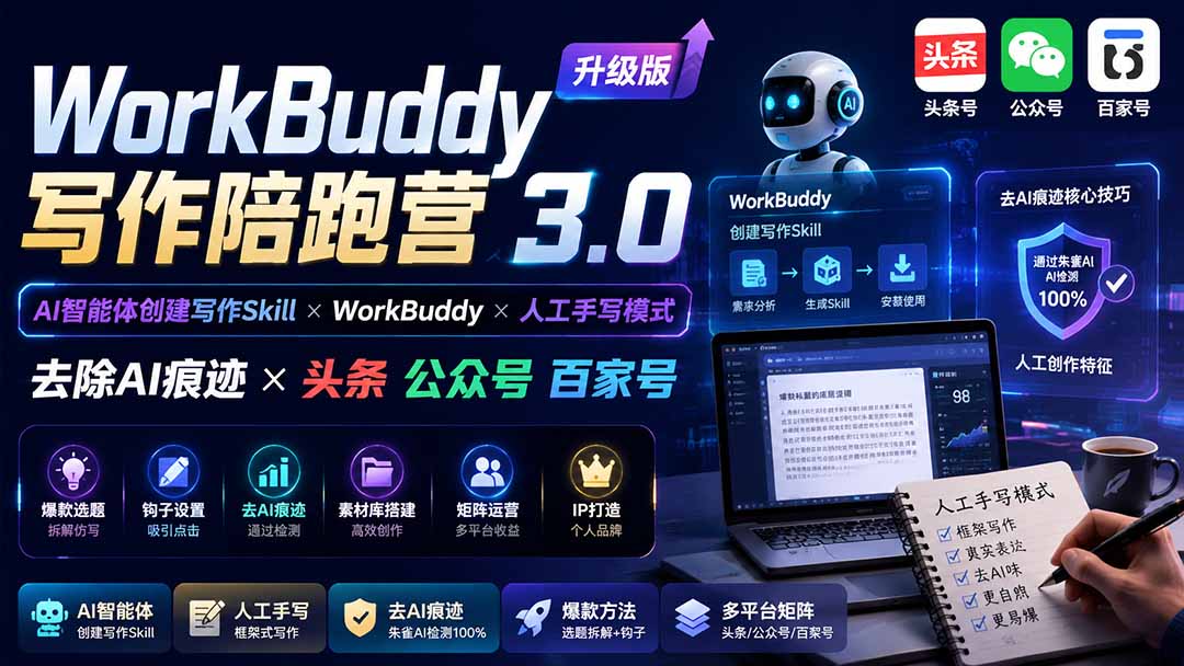 WorkBuddy写作陪跑营3.0-更新:Ai智能体创建写作Skill×WorkBuddy×人工手写模式×去除AI痕迹×头条公众号百家号-星阳网创