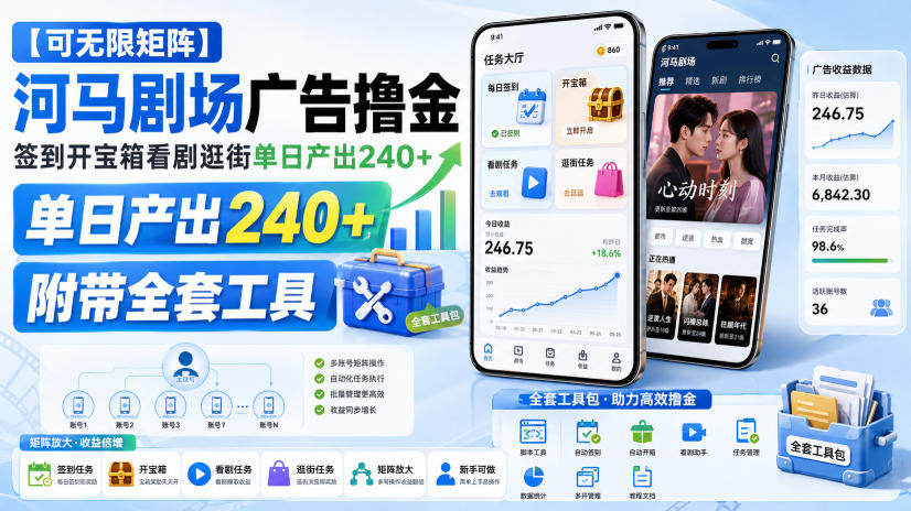 【可无限矩阵】河马剧场广告撸金，签到开宝箱看剧逛街单日产出240+，附带全套工具【揭秘】-星阳网创