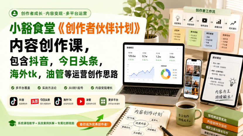 小豁食堂《创作者伙伴计划》内容创作课,包含抖音,今日头条,海外tk,油管等运营创作思路-星阳网创