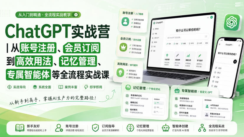 ChatGPT实战营｜从账号注册、会员订阅到高效用法、记忆管理、专属智能体等全流程实战课-星阳网创