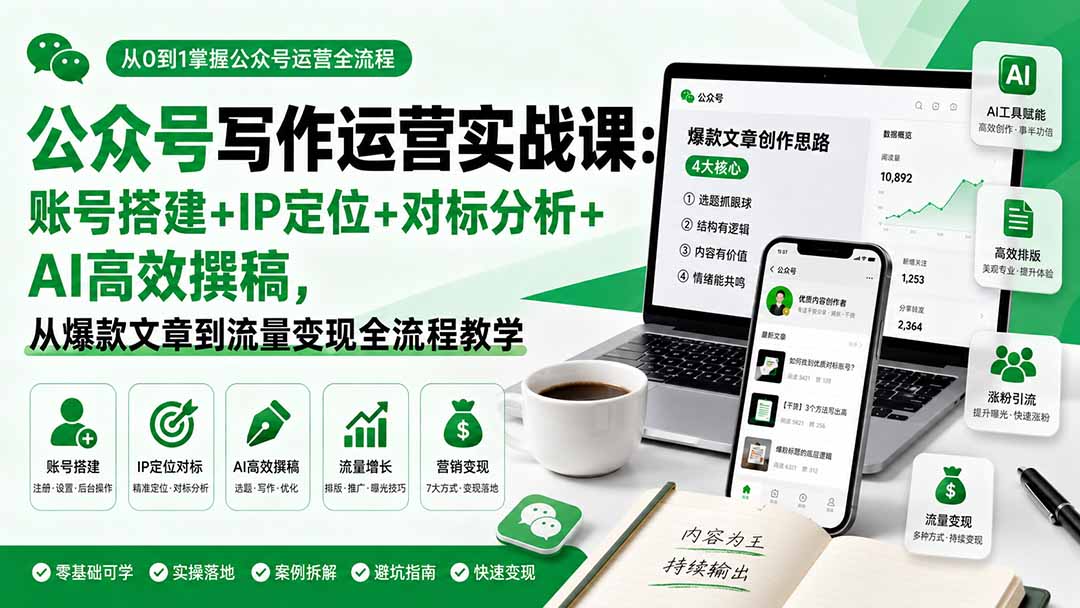 公众号写作运营实战课:账号搭建+IP定位+对标分析+AI高效撰稿,从爆款文章到流量变现全流程教学-星阳网创