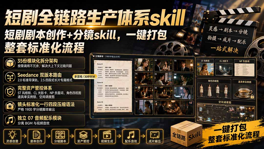 短剧全链路生产体系skill，短剧剧本创作+分镜skill，一键打包，整套标准化流程-星阳网创