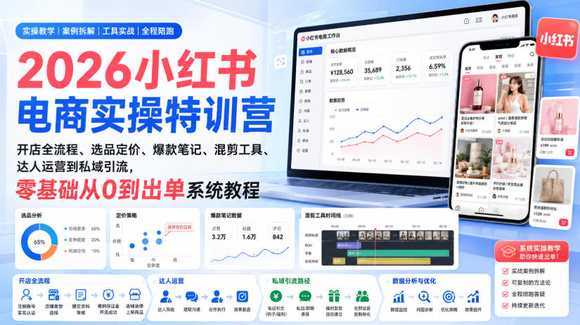 2026小红书电商实操特训营|开店全流程、选品定价、爆款笔记、混剪工具、达人运营到私域引流,零基础从0到出单系统教程-星阳网创
