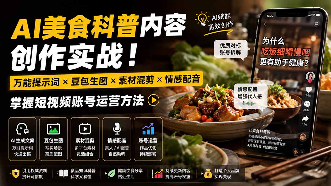 外面卖199元-AI美食科普内容创作实战!万能提示词×豆包生图×素材混剪×情感配音,掌握短视频账号运营方法-星阳网创