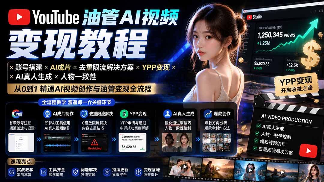 YouTube油管AI视频变现教程-更新:账号搭建×AI成片×去重限流解决方案×YPP变现×AI真人生成×人物一致性-星阳网创