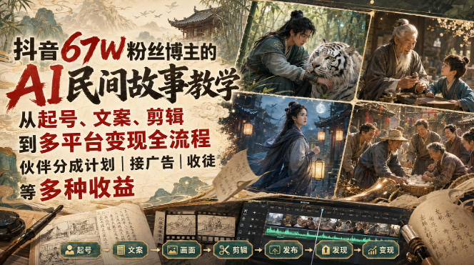 抖音67W粉丝博主的AI民间故事教学,从起号、文案、剪辑到多平台变现全流程,伙伴分成计划接广告等多种收益,月入1W+-星阳网创