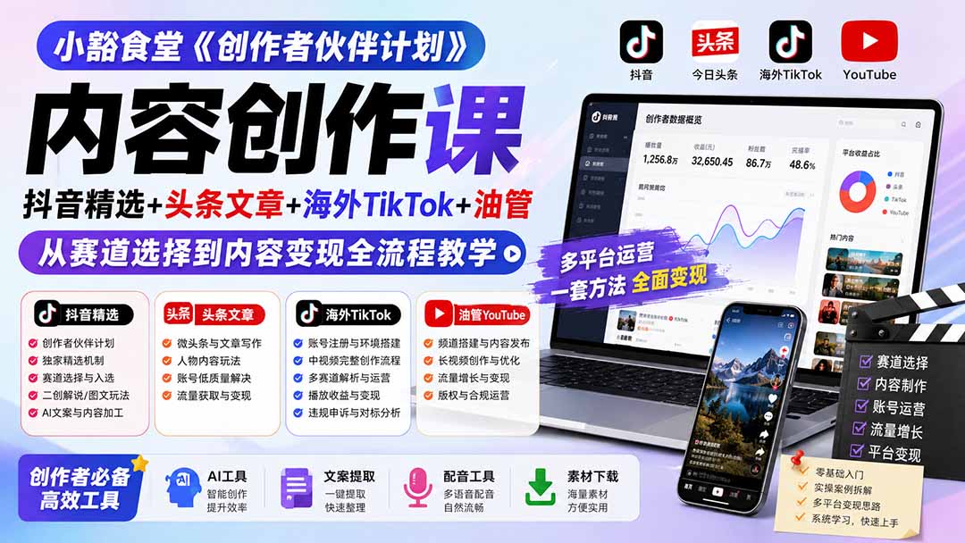 小豁食堂《创作者伙伴计划》内容创作课:抖音精选+头条文章+海外TikTok+油管,从赛道选择到内容变现全流程教学-星阳网创