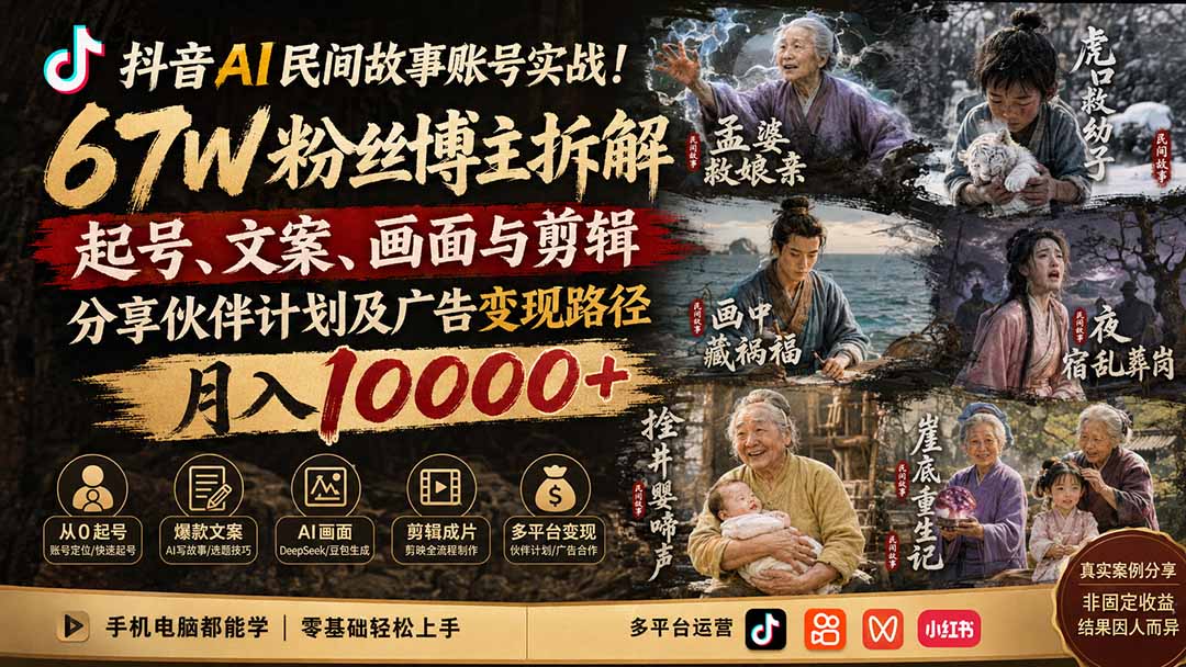 抖音AI民间故事账号实战!67W粉丝博主拆解起号、文案、画面与剪辑,分享伙伴计划及广告变现路径,月入10000+-星阳网创