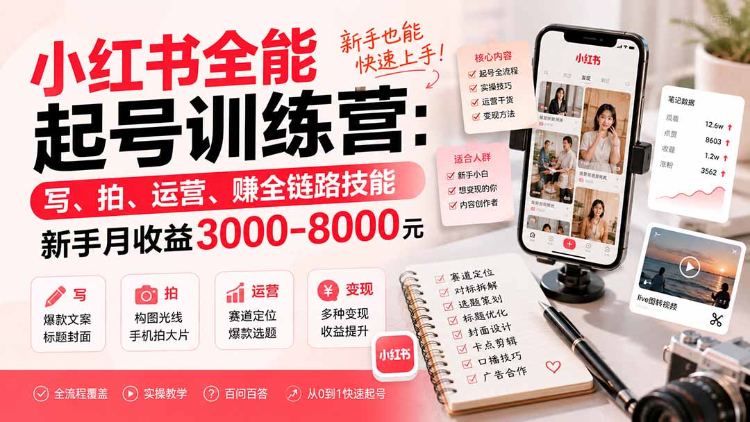小红书全能起号训练营-更新：写、拍、运营、赚全链路技能，新手月收益3000-8000元-星阳网创