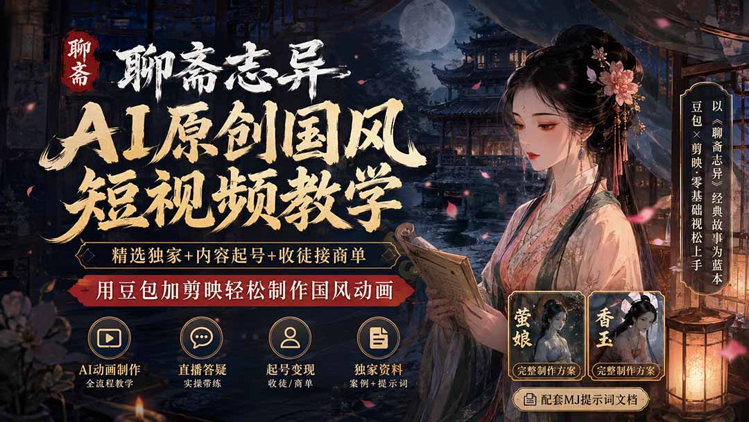 聊斋志异AI原创国风短视频教学-更新;精选独家+内容起号+收徒接商单,用豆包加剪映轻松制作国风动画-星阳网创