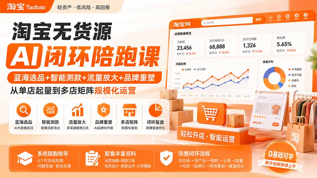 淘宝无货源AI闭环陪跑课:蓝海选品+智能测款+流量放大+品牌重塑,从单店起量到多店矩阵规模化运营-星阳网创
