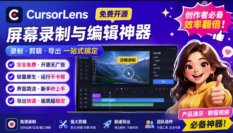 CursorLens免费开源录屏工具，支持自动缩放，教程视频录制必备神器-星阳网创