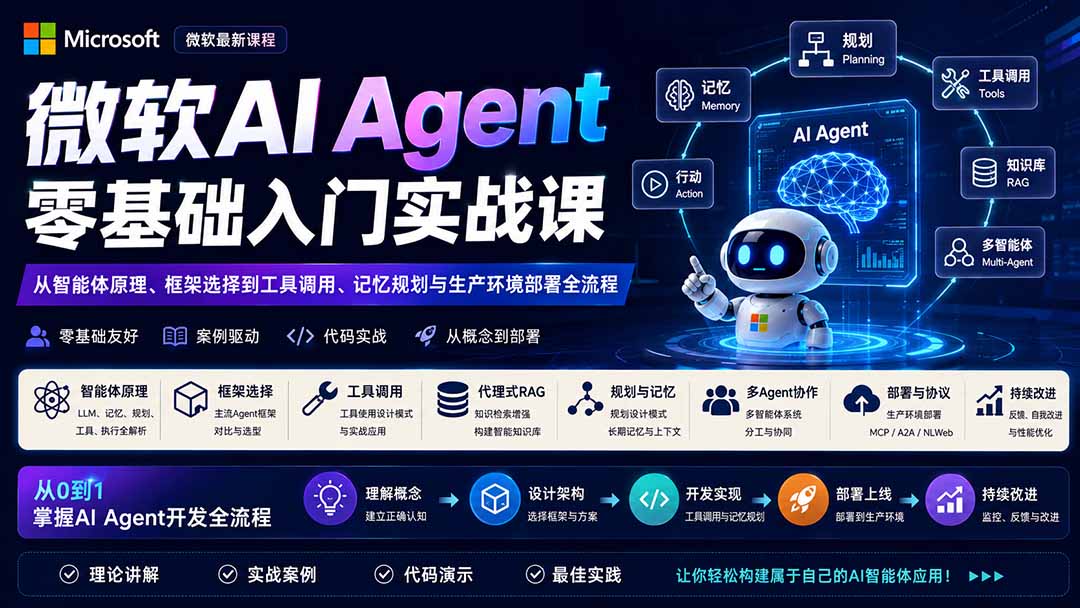微软AI Agent零基础入门实战课:从智能体原理、框架选择到工具调用、记忆规划与生产环境部署全流程-星阳网创