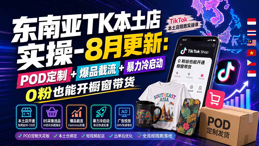 东南亚TK本土店实操-8月更新：POD定制+爆品截流+暴力冷启动，0粉也能开橱窗带货-星阳网创