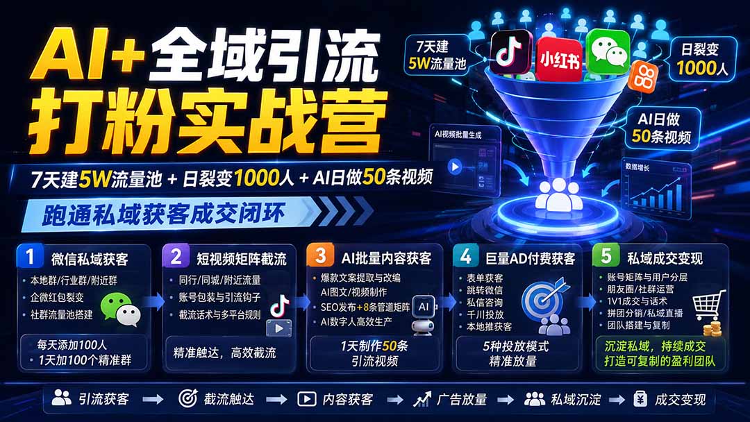 AI+全域引流打粉实战营:7天建5W流量池+日裂变1000人+AI日做50条视频,跑通私域获客成交闭环-星阳网创