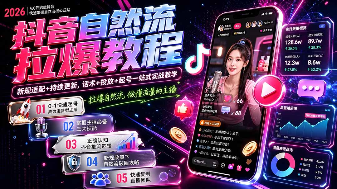 抖音自然流拉爆教程-更新8月:做懂流量的主播,新规适配+持续更新,话术+投放+起号一站式实战教学-星阳网创