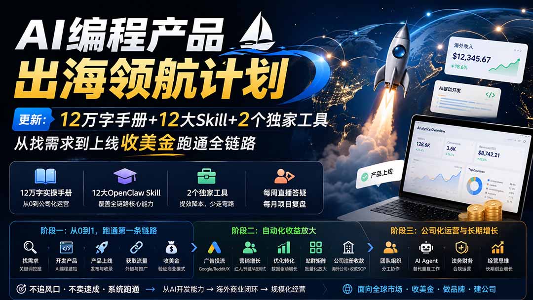 AI编程产品出海领航计划-更新:12万字手册+12大Skill+2个独家工具,从找需求到上线收美金跑通全链路-星阳网创